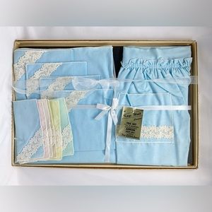 Vintage 50s Hostess Tea Set with Apron Pastel Blue with Lace Trim 12 pc Set